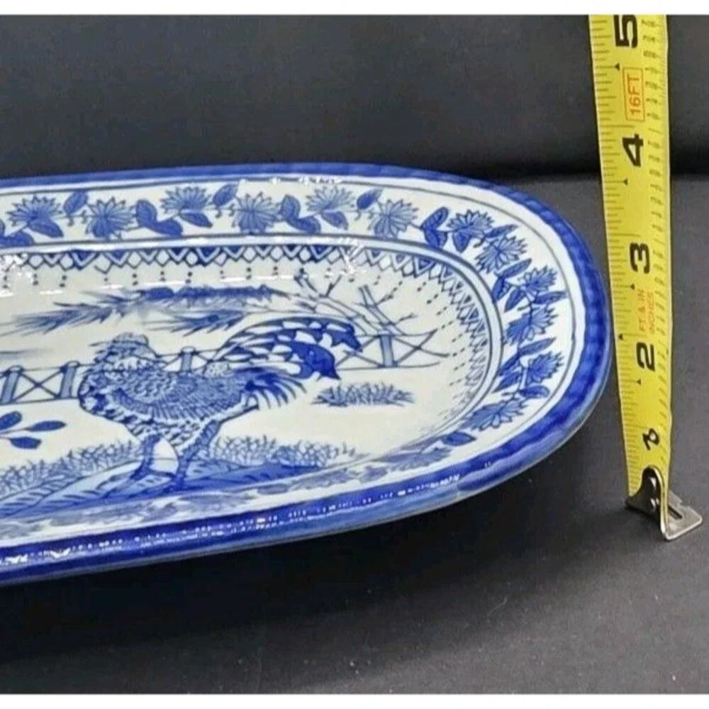 Vintage Flow Blue White Chinese Rooster Bread Platter - Just Displayed - EUC